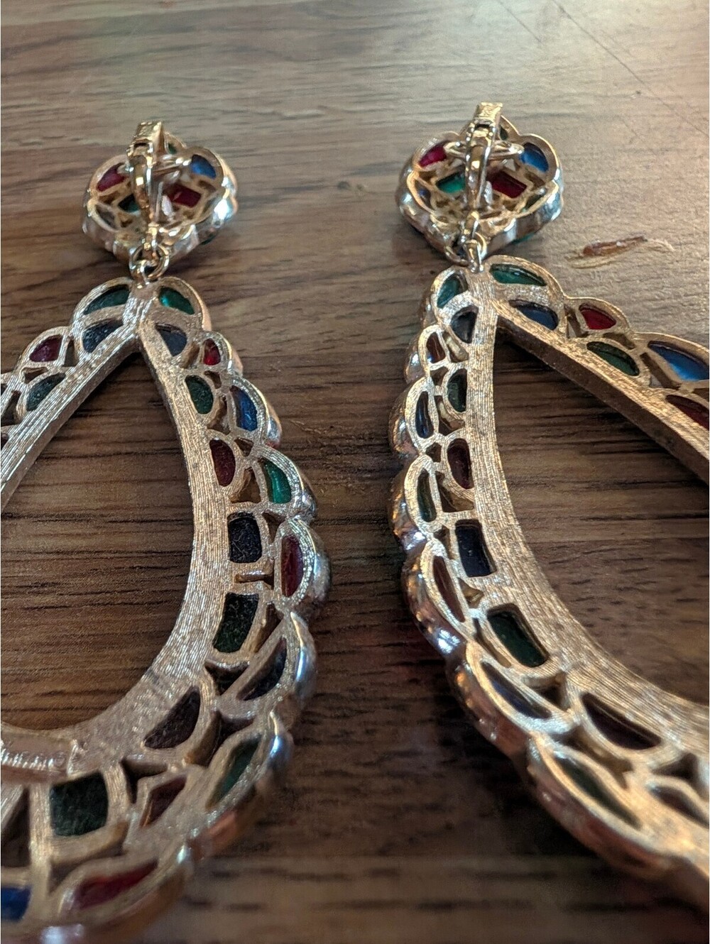 Trifari Colorful Teardrop Clip-On Earrings Multi-Colored Stained Glass Style - Picture 3 of 7